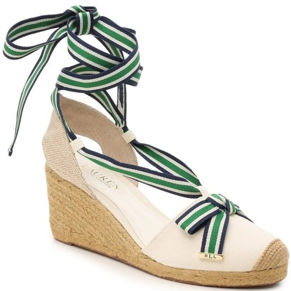 NTW Lauren Ralph Lauren Hollie Wedge white with navy & green Espadrilles Sz 6.5